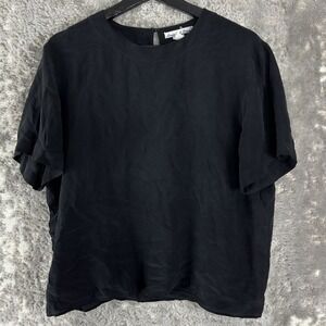 Anna and Frank Sz L 100% Silk Keyhole Back Solid Blouse Black Short Sleeve Women